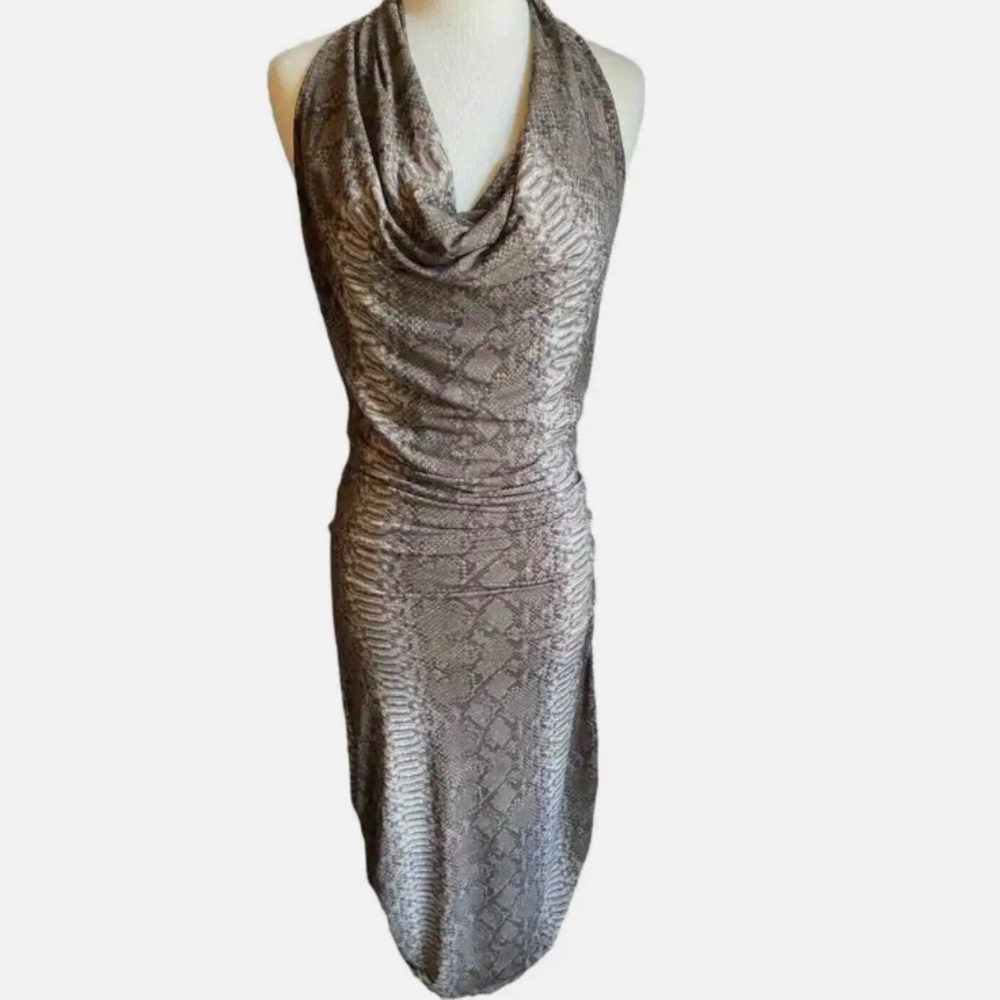 Michael Kors MK Sleeveless Fitted Body-Con Draped Python Snake Print Nylon Dress